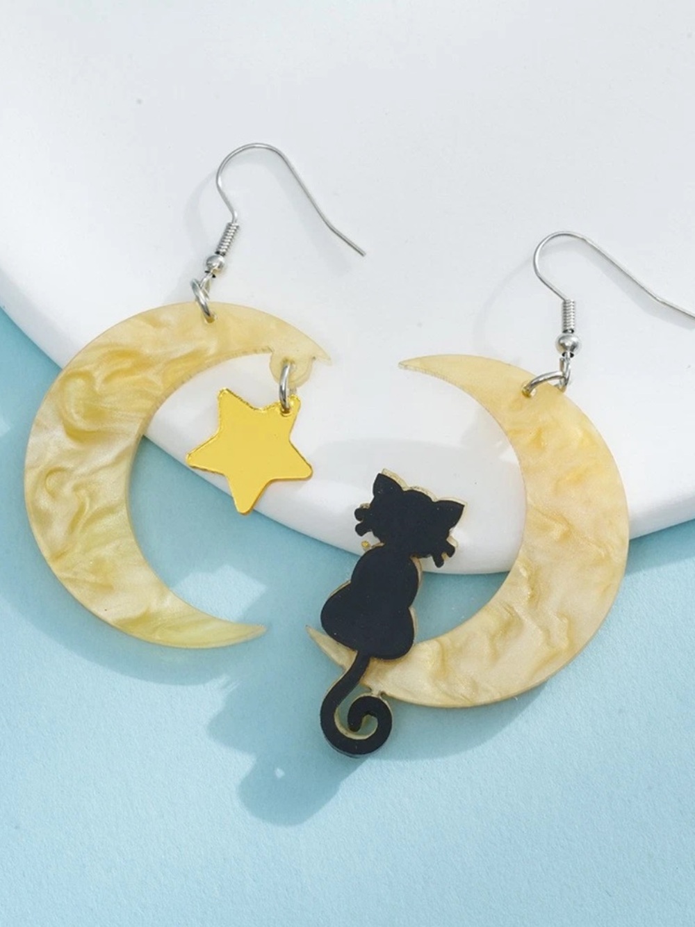 Unbranded Yellow Moon & Black Cat Dangle Earrings for Pets & Fans NEW NWT